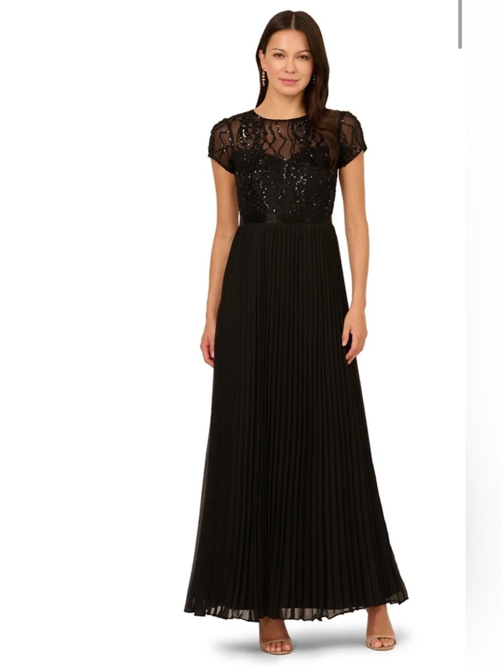 Adrianna Papell Black Sequin Bodice Pleated Maxi Dress